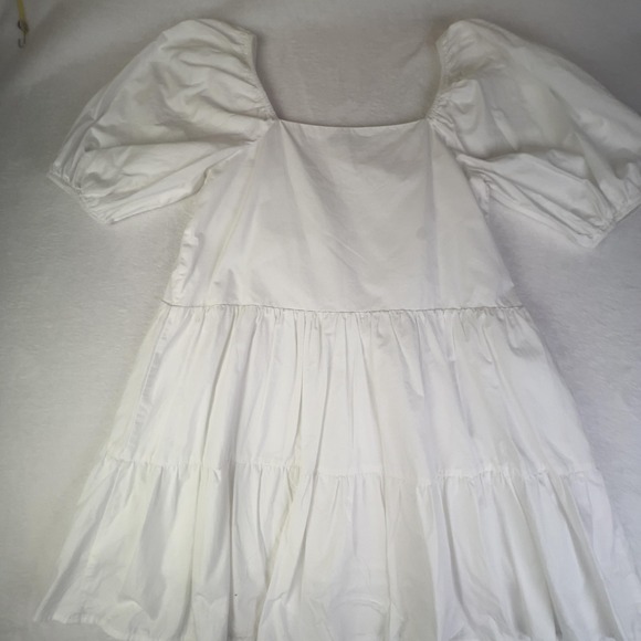 Moodie Dress Womens Small White Puff Sleeve Square Neck Tiered Swing Casual - Picture 2 of 10